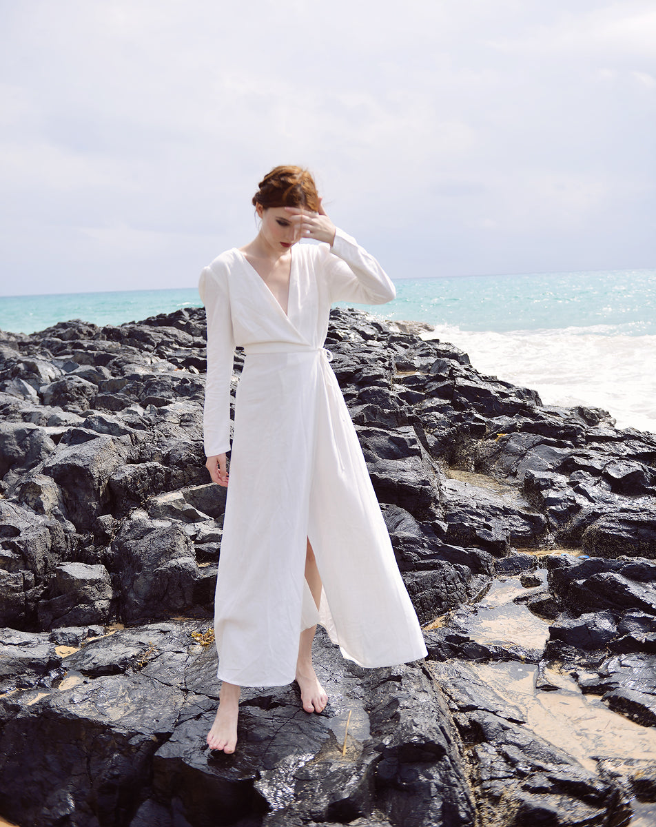 Linen Dress Wrap - White Linen Dress - Long Sleeve - Women Cotton Linen Dress - Organic Cotton Long Dress