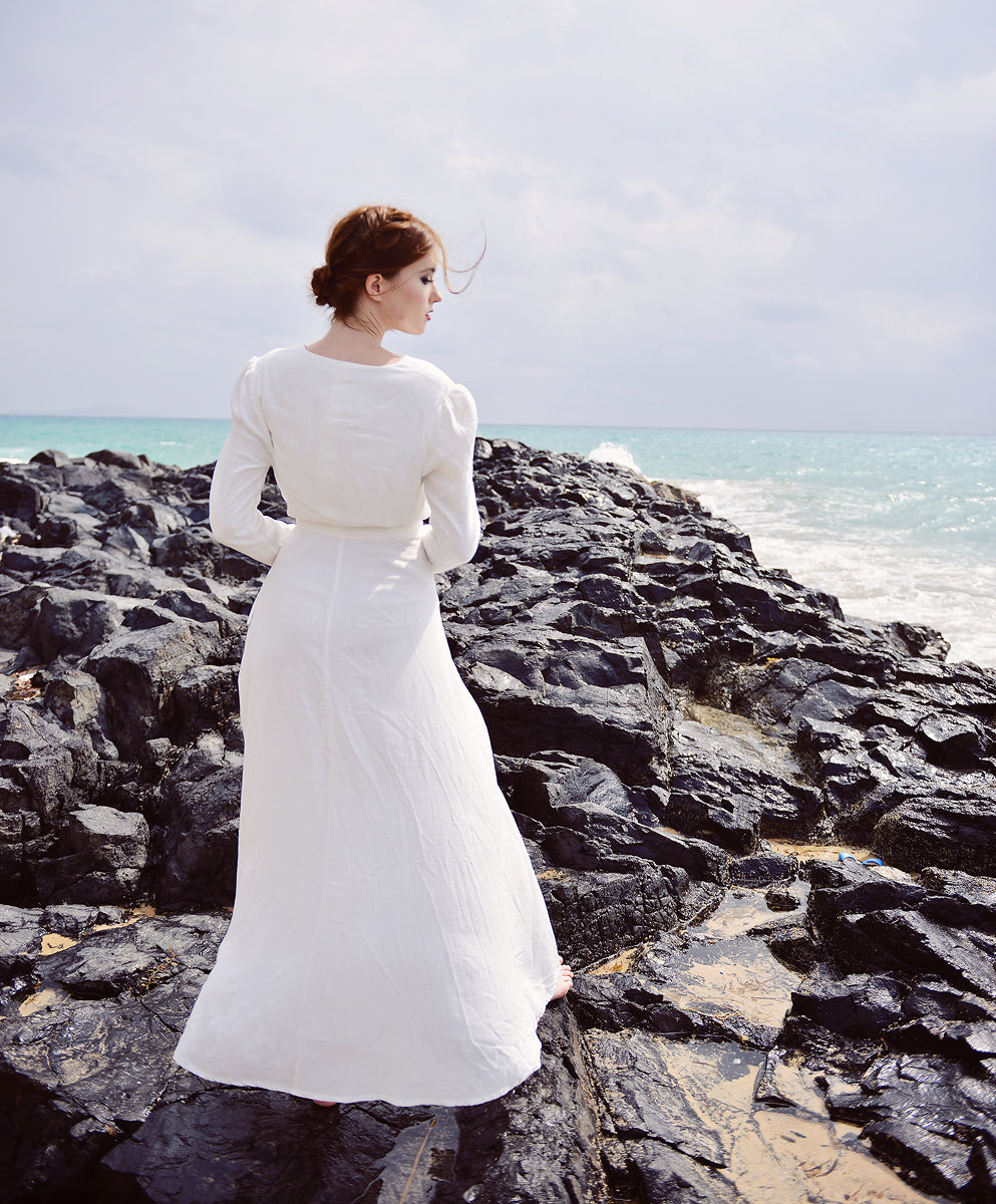 Linen Dress Wrap - White Linen Dress - Long Sleeve - Women Cotton Linen Dress - Organic Cotton Long Dress