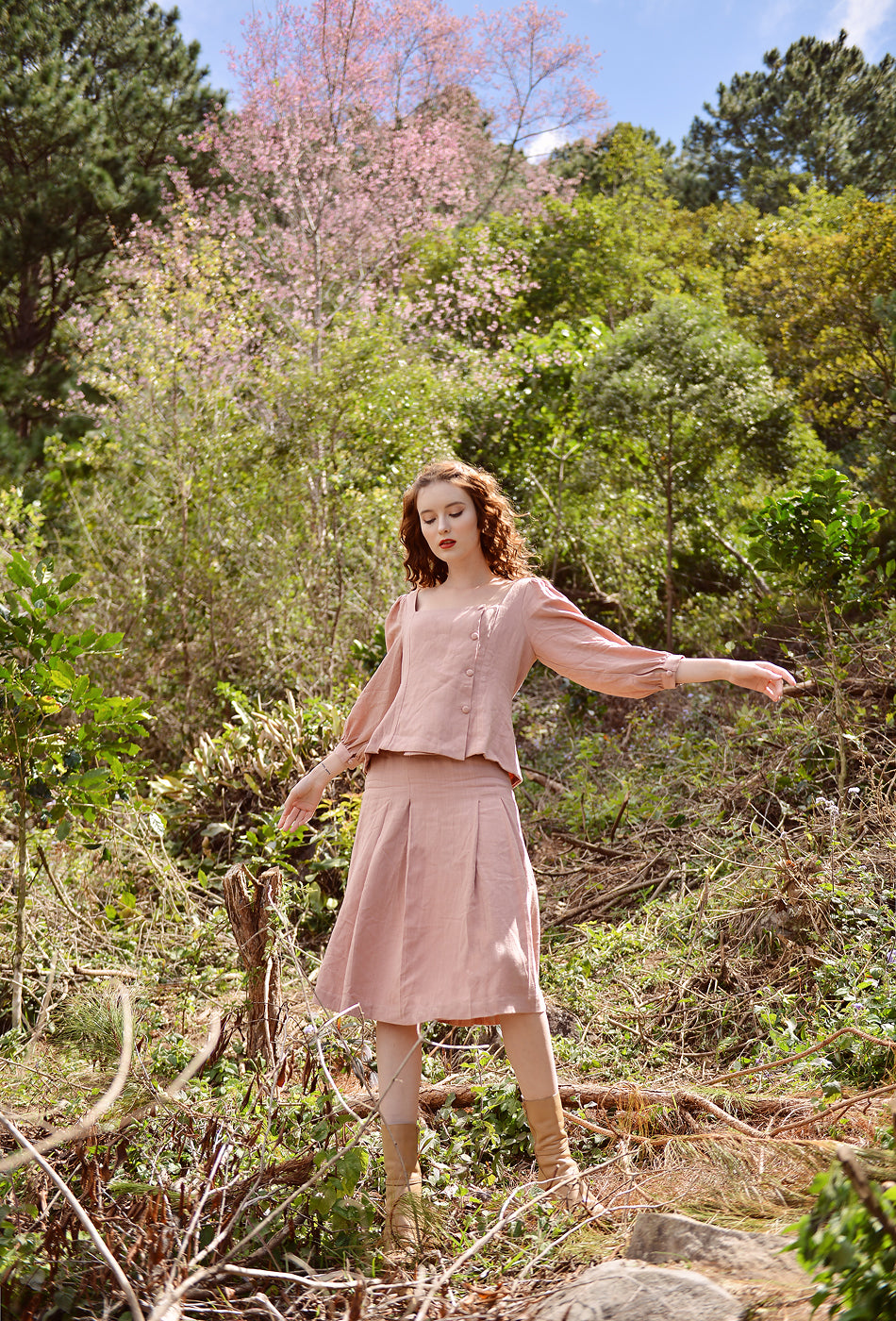Linen Dress Pink - Midi Linen Dress - Long Sleeves Linen Dress