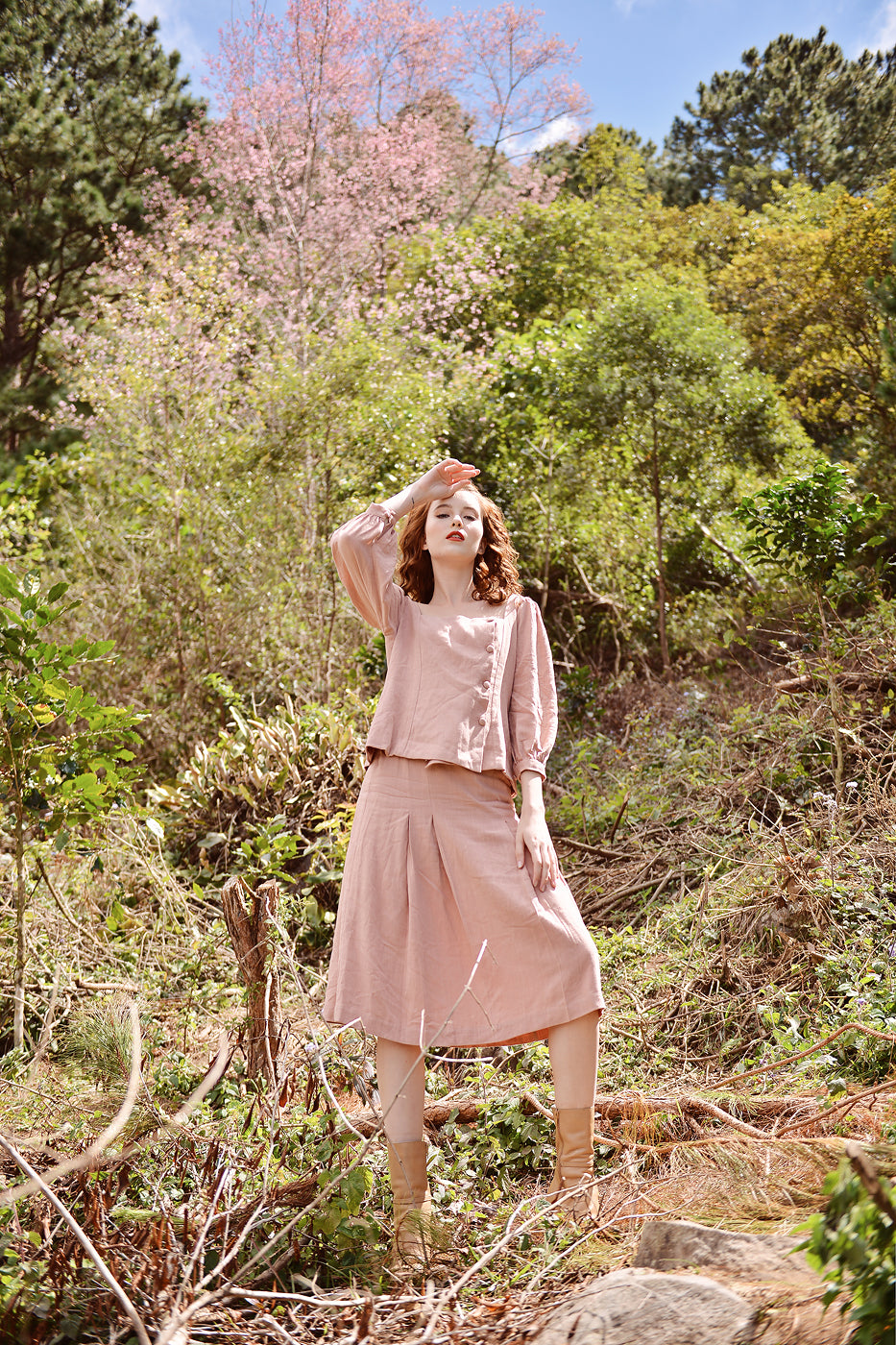 Linen Dress Pink - Midi Linen Dress - Long Sleeves Linen Dress