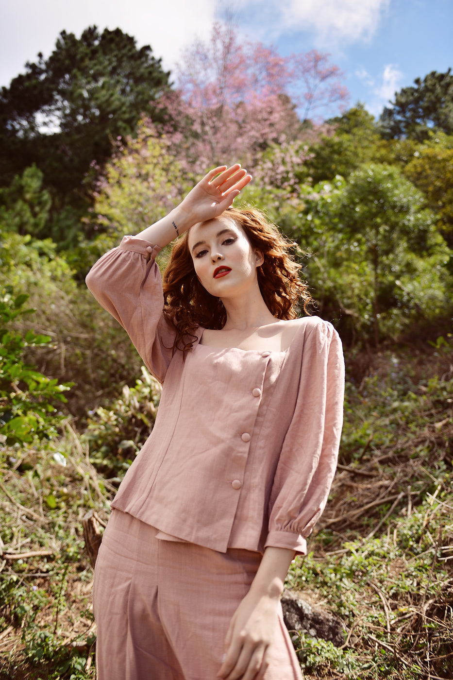Linen Dress Pink - Midi Linen Dress - Long Sleeves Linen Dress