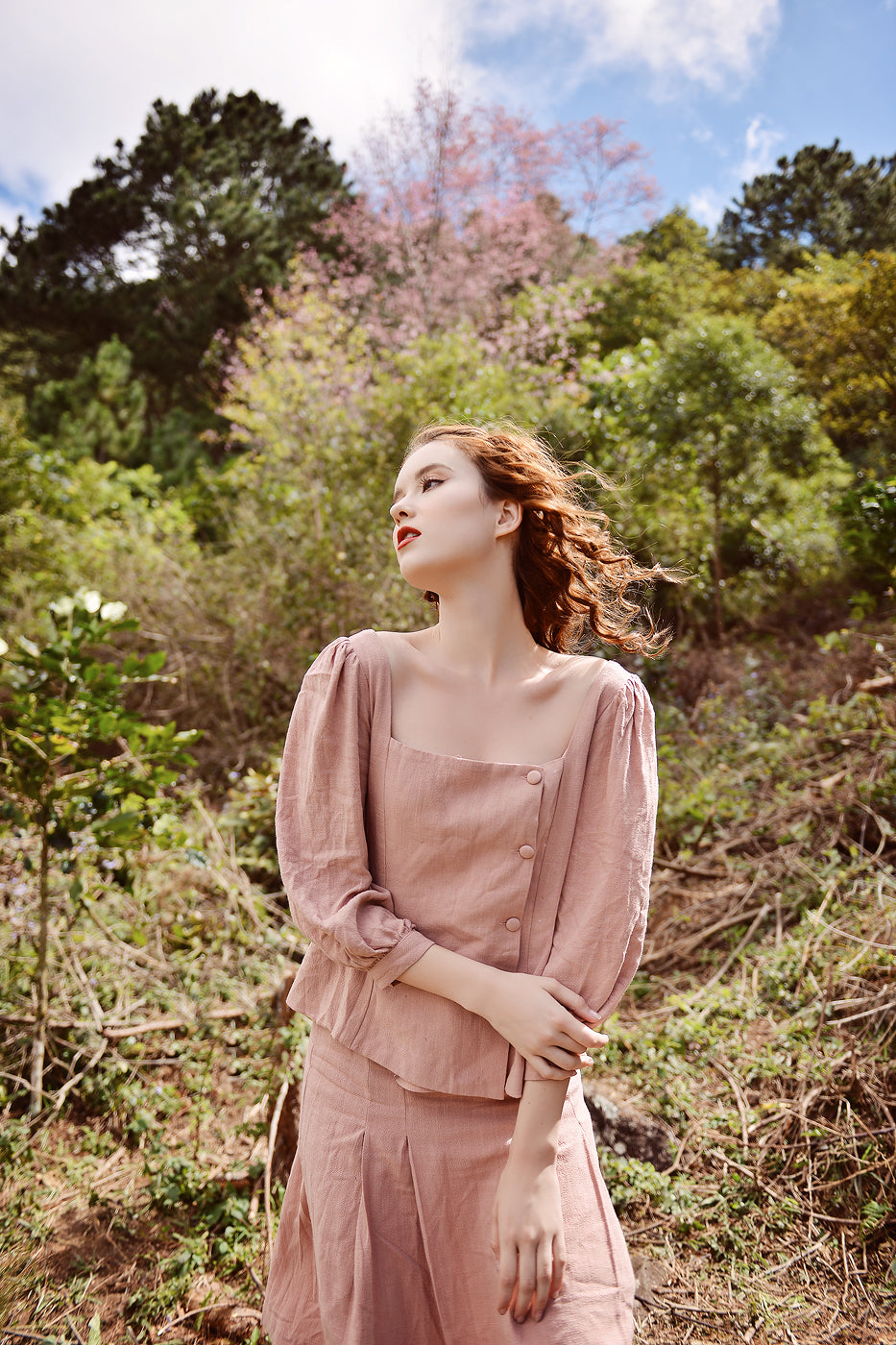 Linen Dress Pink - Midi Linen Dress - Long Sleeves Linen Dress