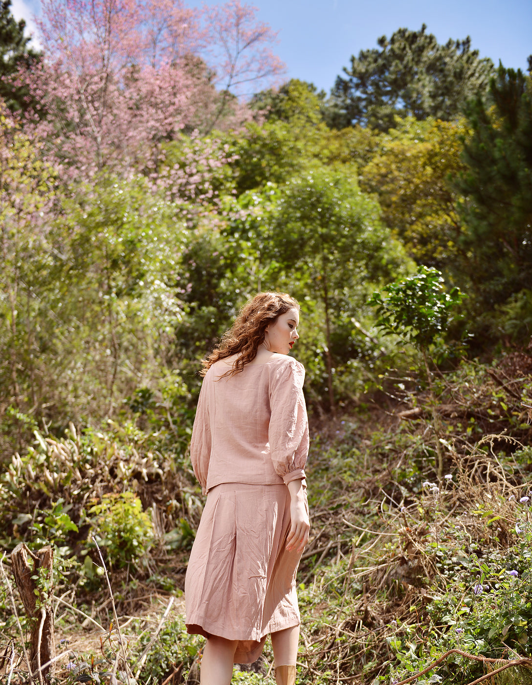 Linen Dress Pink - Midi Linen Dress - Long Sleeves Linen Dress