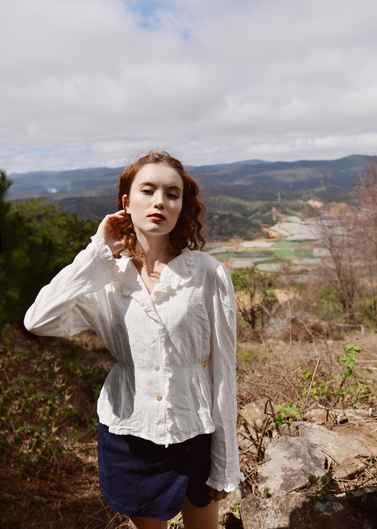 White Linen Blouse - Long Sleeve Cotton Blouse -Women Linen Top