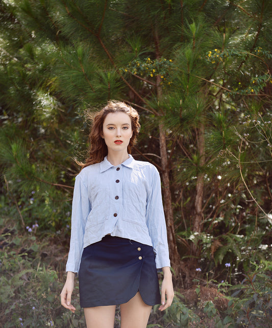 Long Sleeve Top Women - Linen Blouse Blue - Cotton Shirts Collar - Linen Shirt Buttons