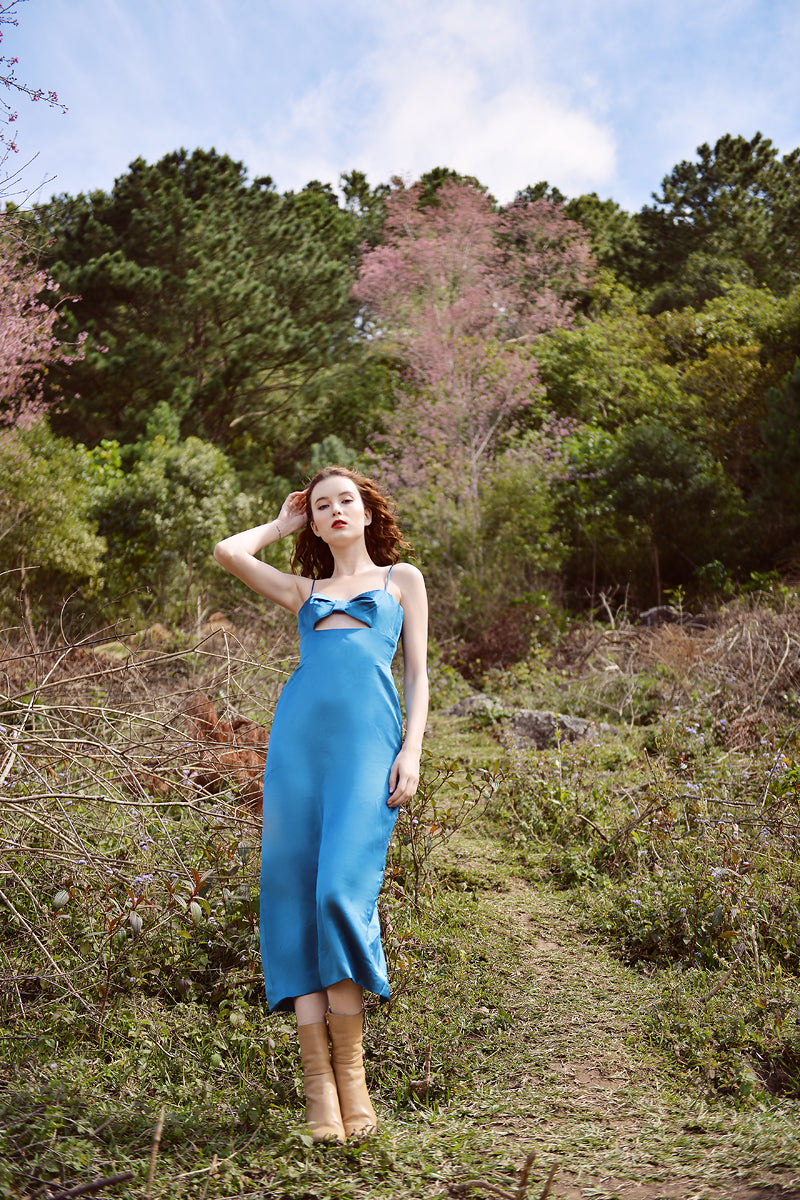 Silk Dress Bow - Midi Silk Dress - Adjustable Straps