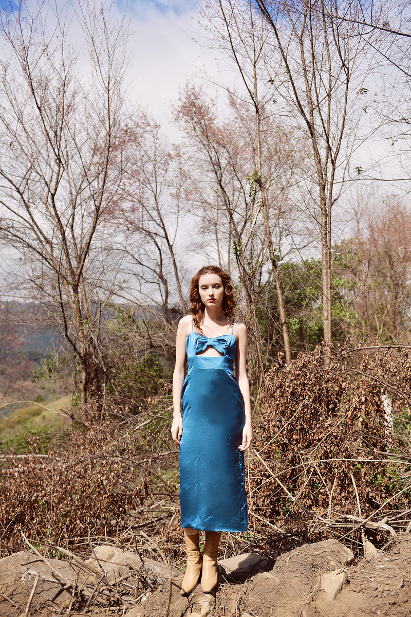 Silk Dress Bow - Midi Silk Dress - Adjustable Straps