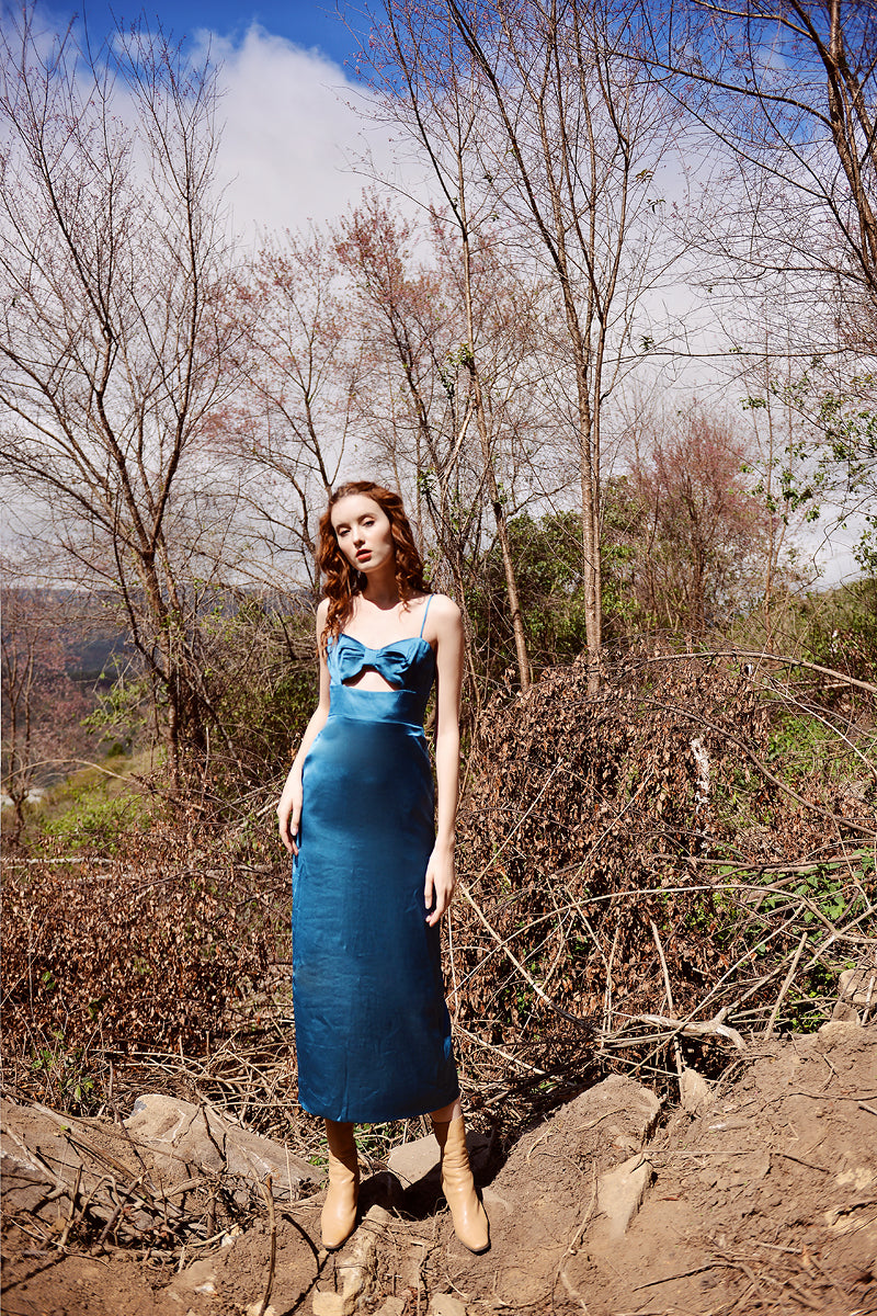 Silk Dress Bow - Midi Silk Dress - Adjustable Straps