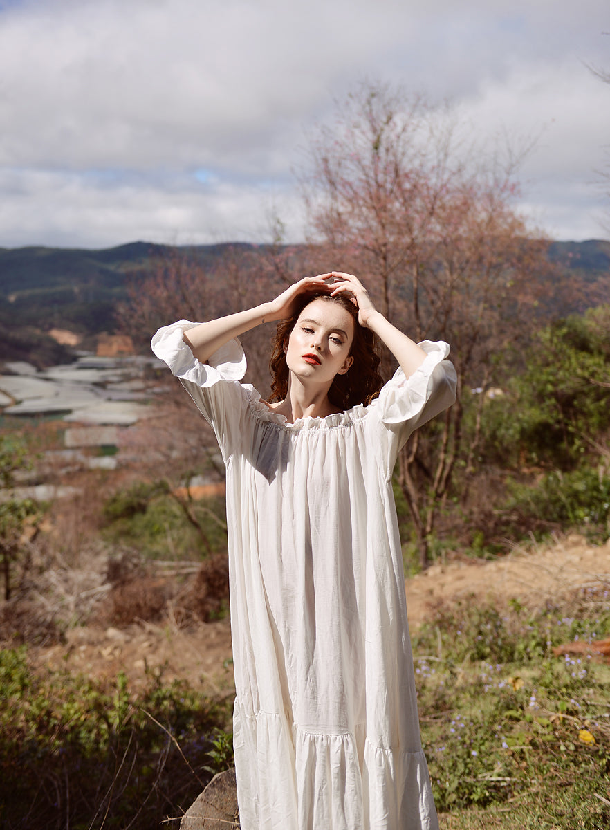 Cotton Nightgown - Long Sleeves Cotton Dress - Cotton Dress Maxi
