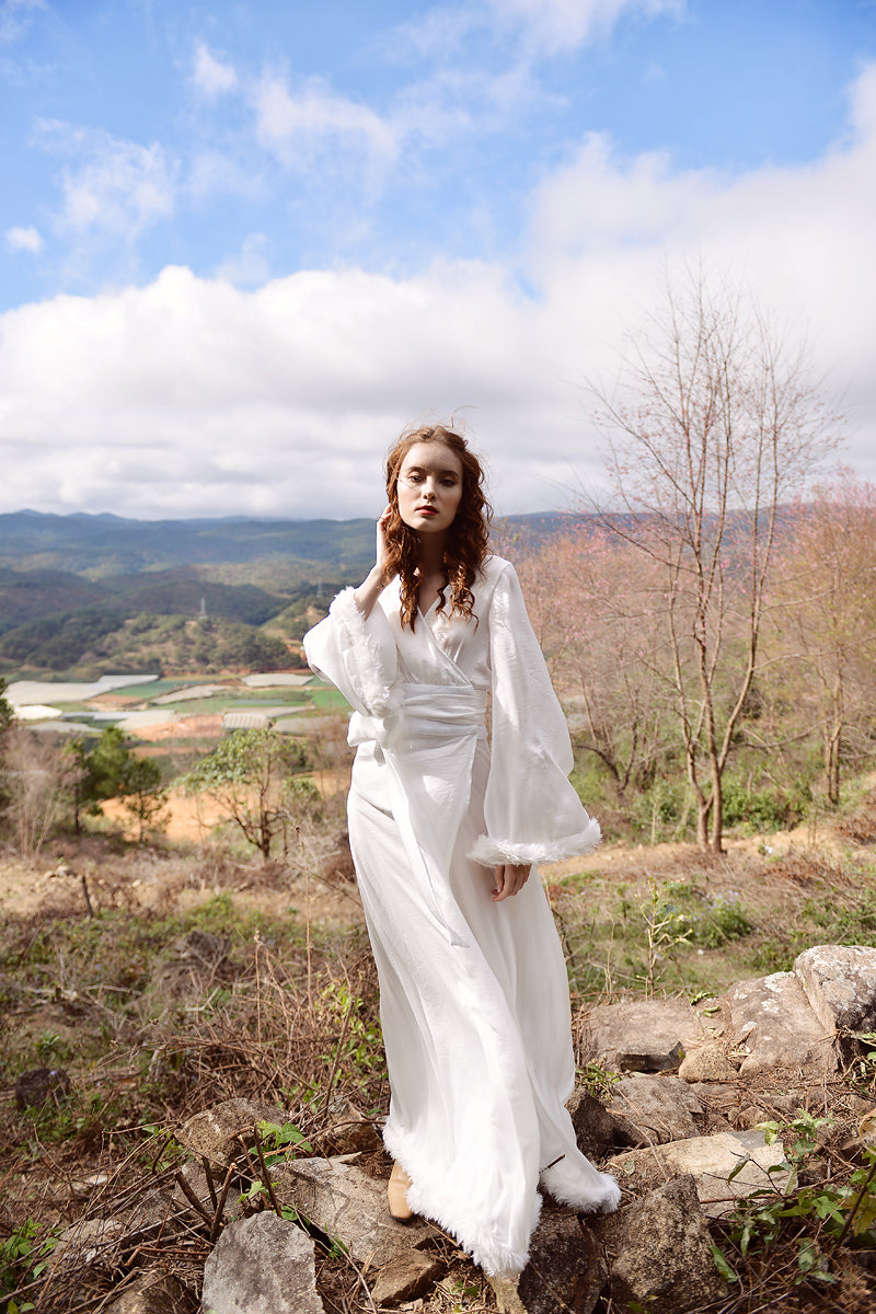 Silk Robe Fur Trim - Faux Fur Robe - Floor Length Gown - Long Dressing Gown - Long Sleeve Wedding Robe