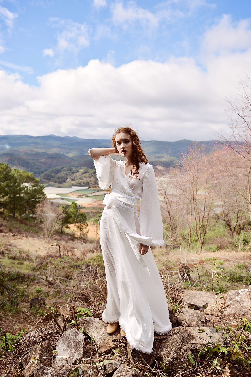 Silk Robe Fur Trim - Faux Fur Robe - Floor Length Gown - Long Dressing Gown - Long Sleeve Wedding Robe
