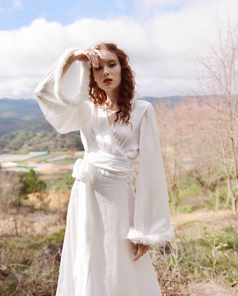 Silk Robe Fur Trim - Faux Fur Robe - Floor Length Gown - Long Dressing Gown - Long Sleeve Wedding Robe