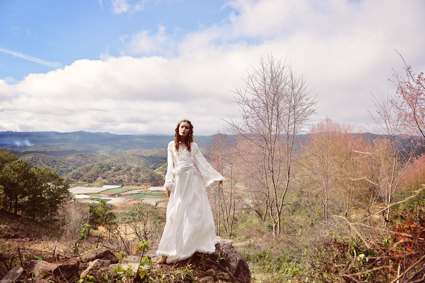 Silk Robe Fur Trim - Faux Fur Robe - Floor Length Gown - Long Dressing Gown - Long Sleeve Wedding Robe