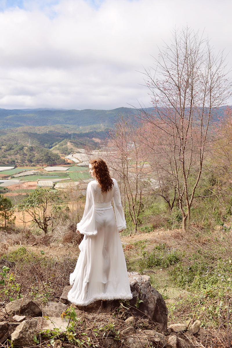 Silk Robe Fur Trim - Faux Fur Robe - Floor Length Gown - Long Dressing Gown - Long Sleeve Wedding Robe