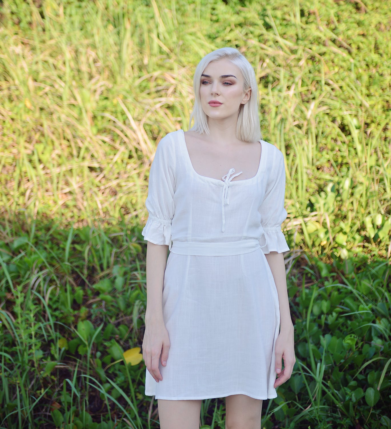 Short Linen Dress - Sleeves Linen Dress - Summer Cotton Dress - White Organic Cotton