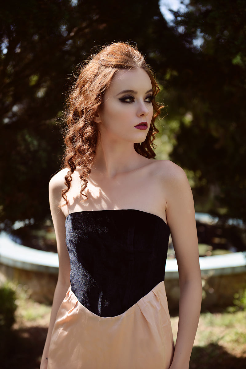 Back Slit Midi Dress - Black Velvet with Peachy Silk Dress - Sleeveless Dress