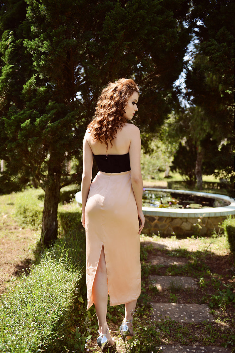 Back Slit Midi Dress - Black Velvet with Peachy Silk Dress - Sleeveless Dress