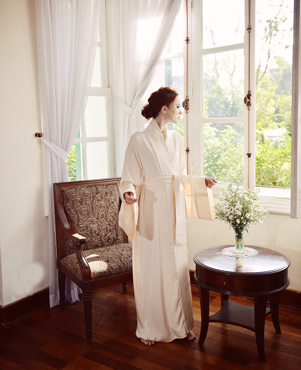 Silk Robe Kimono - Full Length Robe - Long Dressing Gown - Long Sleeve