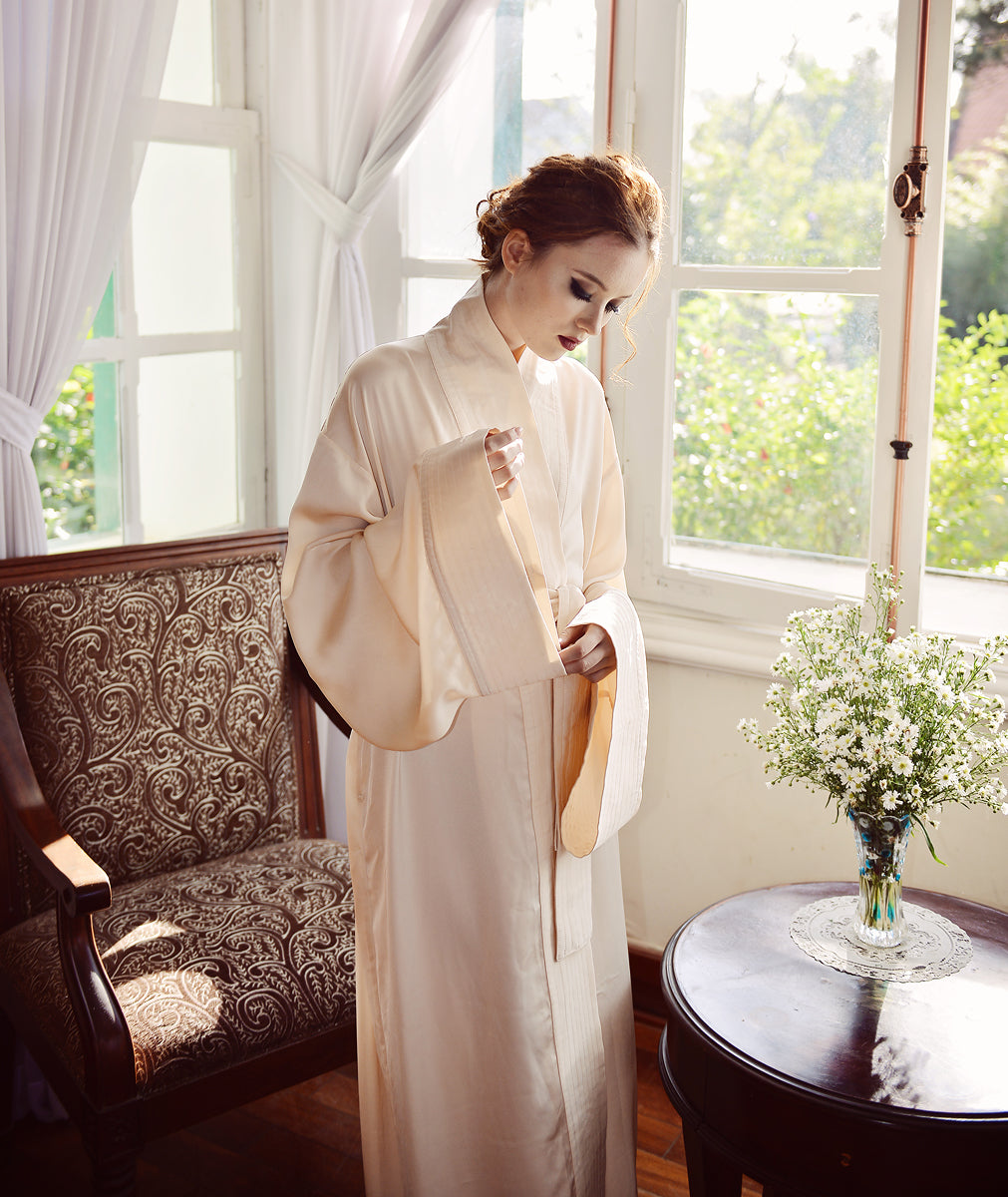 Silk Robe Kimono - Full Length Robe - Long Dressing Gown - Long Sleeve