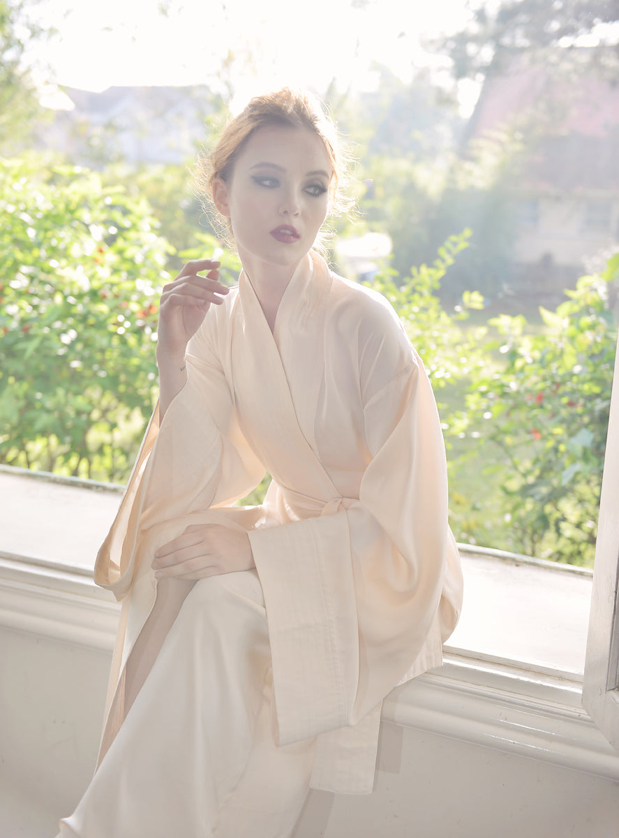 Silk Robe Kimono - Full Length Robe - Long Dressing Gown - Long Sleeve