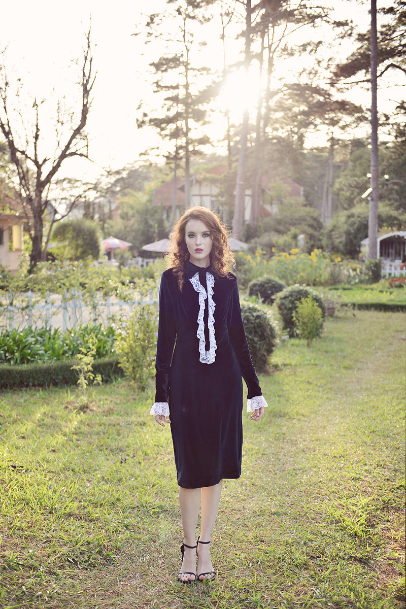Black Dress Midi - Women Velvet Dress - Mid-Calf Formal Dress