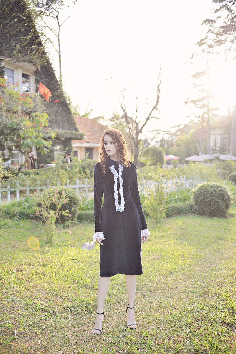 Black Dress Midi - Women Velvet Dress - Mid-Calf Formal Dress