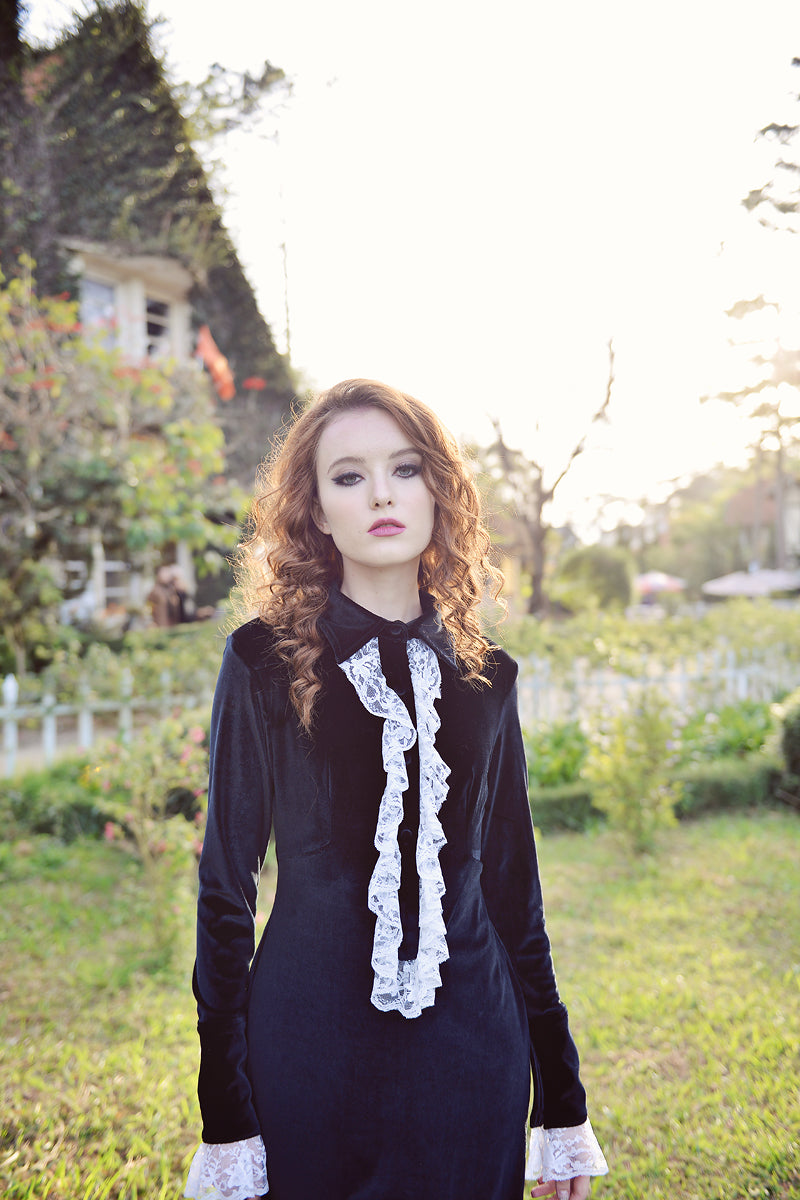 Black Dress Midi - Women Velvet Dress - Mid-Calf Formal Dress