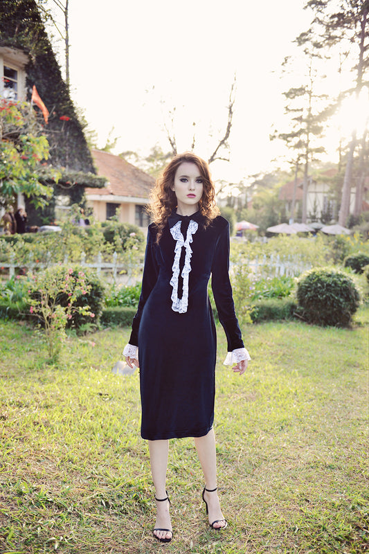 Black Dress Midi - Women Velvet Dress - Mid-Calf Formal Dress