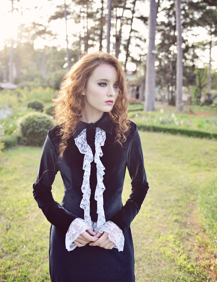Black Dress Midi - Women Velvet Dress - Mid-Calf Formal Dress