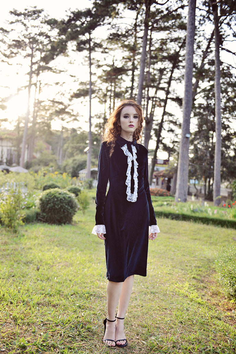 Black Dress Midi - Women Velvet Dress - Mid-Calf Formal Dress