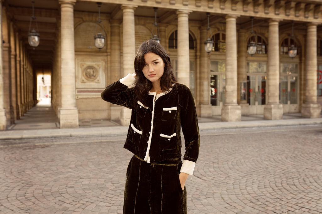 Womens Suit Velvet - Fall Shirt Women - Long Pants Winter - Dark Olive Silk Velvet