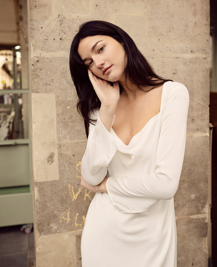 Silk Dress White Bell Sleeve - Women Mini Silk Dress - Cowl Neck Dress - Silk Dress - Mulberry Silk Dress
