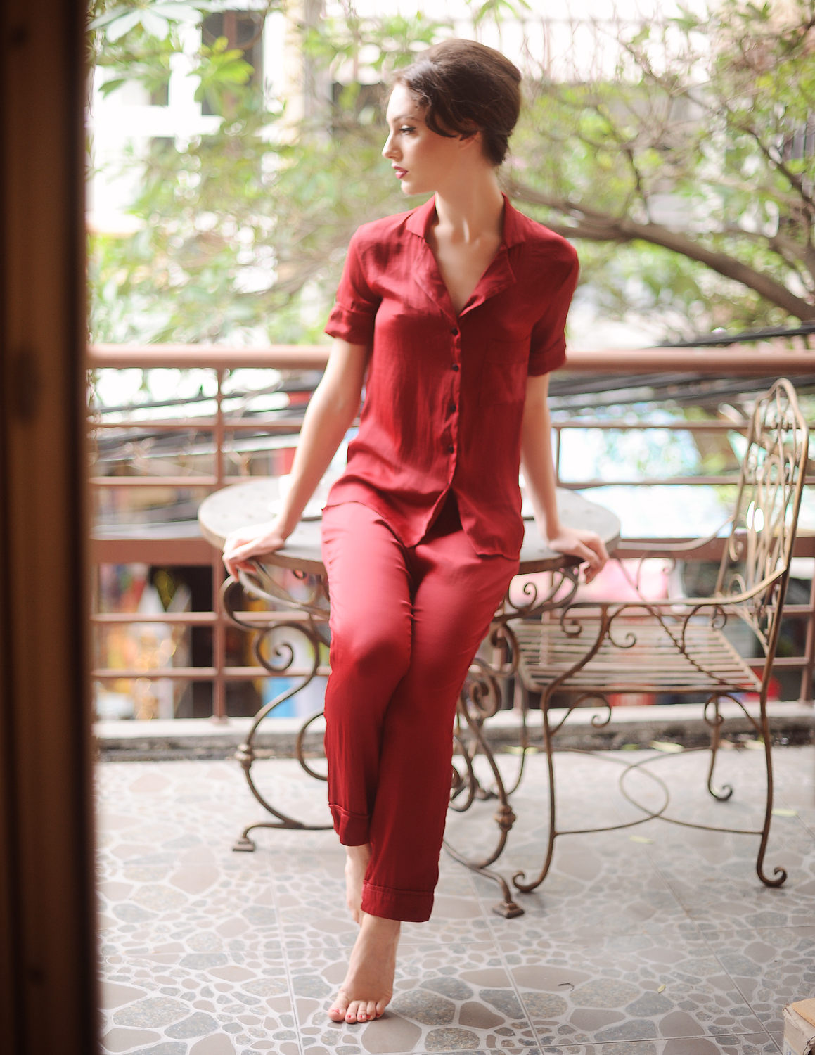 Silk Pajamas Women - Women Burgundy Pajamas - Silk Sleep Sets - Lelasilk