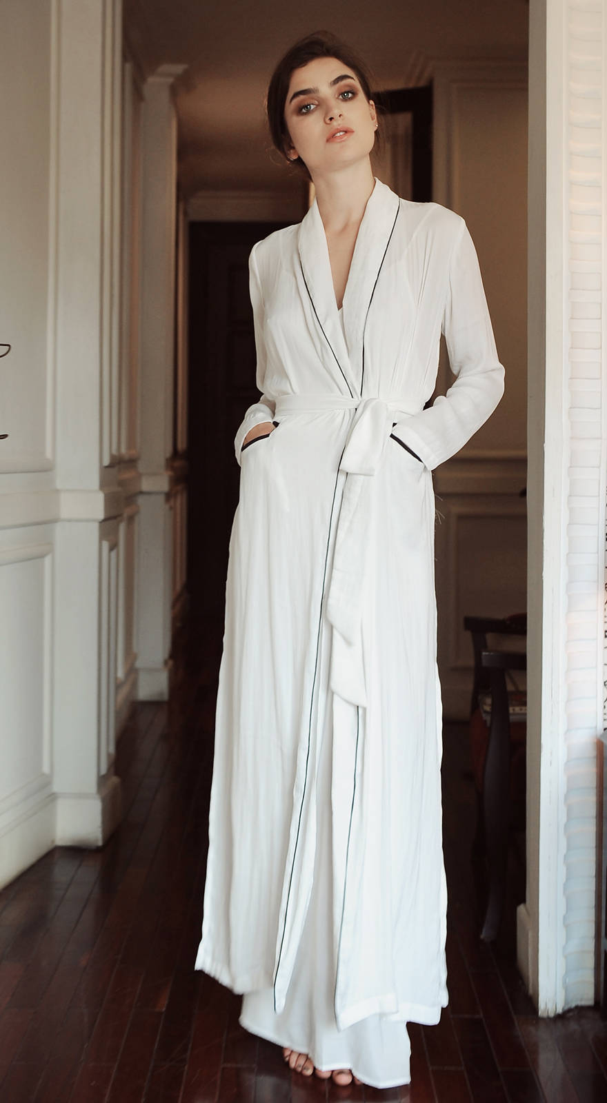 Women Long Silk Robe - Robe with Piping line - Elegant Bridal Wear - Bridesmaid Wedding kimono - High-quality Lingeries