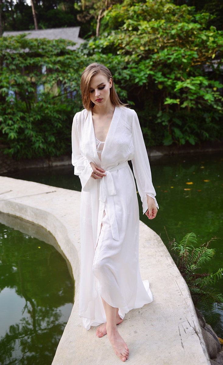 Silk Robe Long Train - Bridal Long Robe - Getting Ready Robe - Floor Length Gown - Long Dressing Gown - Long Train Wedding Robe