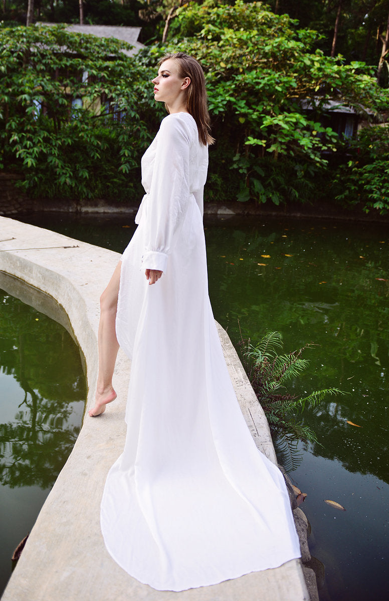 Silk Robe Long Train - Bridal Long Robe - Getting Ready Robe - Floor Length Gown - Long Dressing Gown - Long Train Wedding Robe