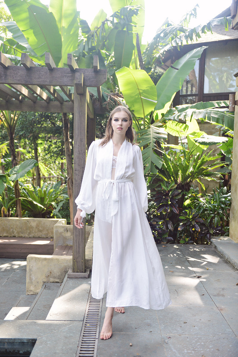 Puff Sleeves Silk Robe - For Women Robe - Long Silk Robe - Sexy Robe - Full Length Kimono - Women Long Robe - Wedding Silk Robe