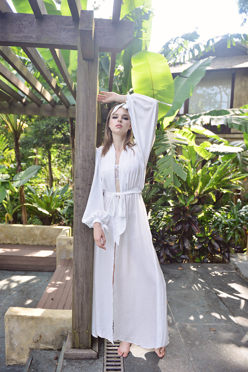 Puff Sleeves Silk Robe - For Women Robe - Long Silk Robe - Sexy Robe - Full Length Kimono - Women Long Robe - Wedding Silk Robe