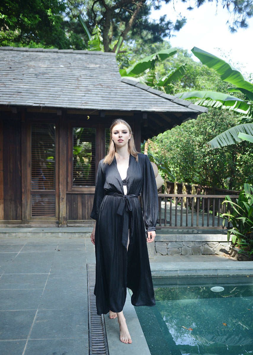 Puff Sleeves Silk Robe - For Women Robe - Long Silk Robe - Sexy Robe - Full Length Kimono - Women Long Robe - Wedding Silk Robe