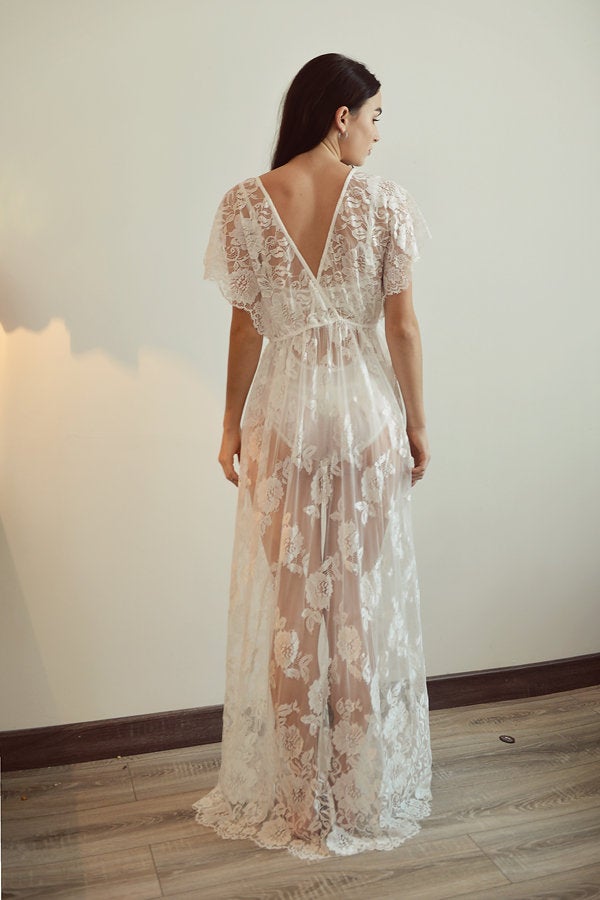Long Lace Robe - Women Lace Robe - Bridal Lace Robe - Lace Robe for Bridesmaid - Lace Lingeries - Gift For Her