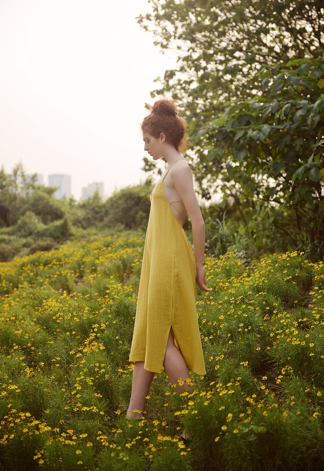 Linen Dress Sleeveless Backless - Midi Cotton Dress - Cotton Dress for Women - Crossed Back Slip - Cotton Slip Dress - Natural Fabric