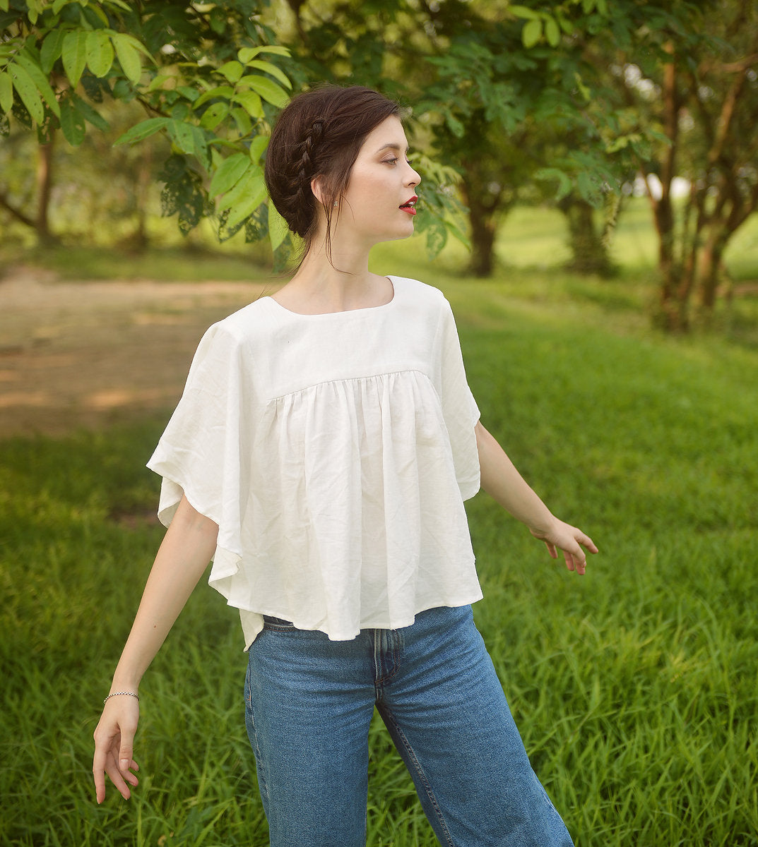 Women Linen Top - Top with Sleeves - Natural Fabric - Casual Cotton Top