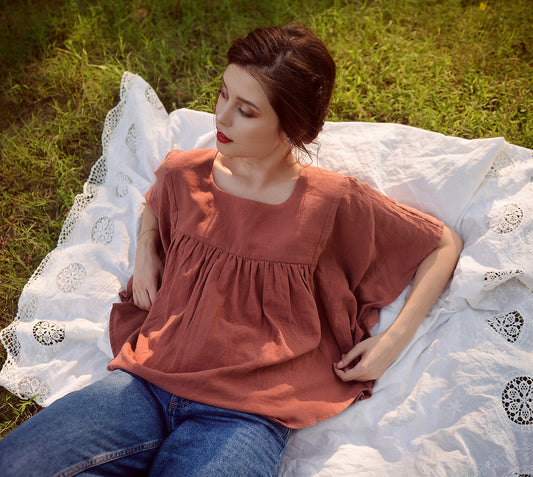Women Linen Top - Top with Sleeves - Natural Fabric - Casual Cotton Top