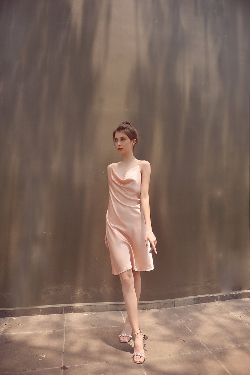 Silk Dress Cowl Neck - Bridesmaids Silk Dress - Draped Front Silk Dress - Basic Silk Dress - Women Silk Dress