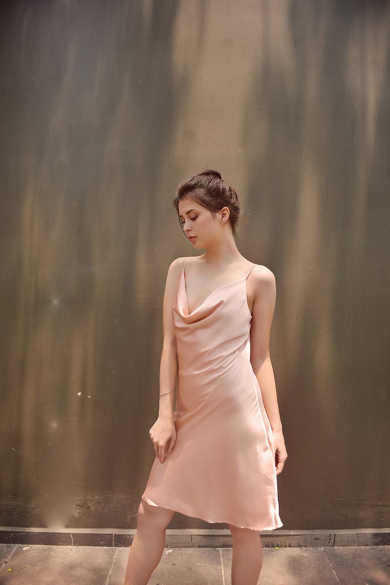 Silk Dress Cowl Neck - Bridesmaids Silk Dress - Draped Front Silk Dress - Basic Silk Dress - Women Silk Dress
