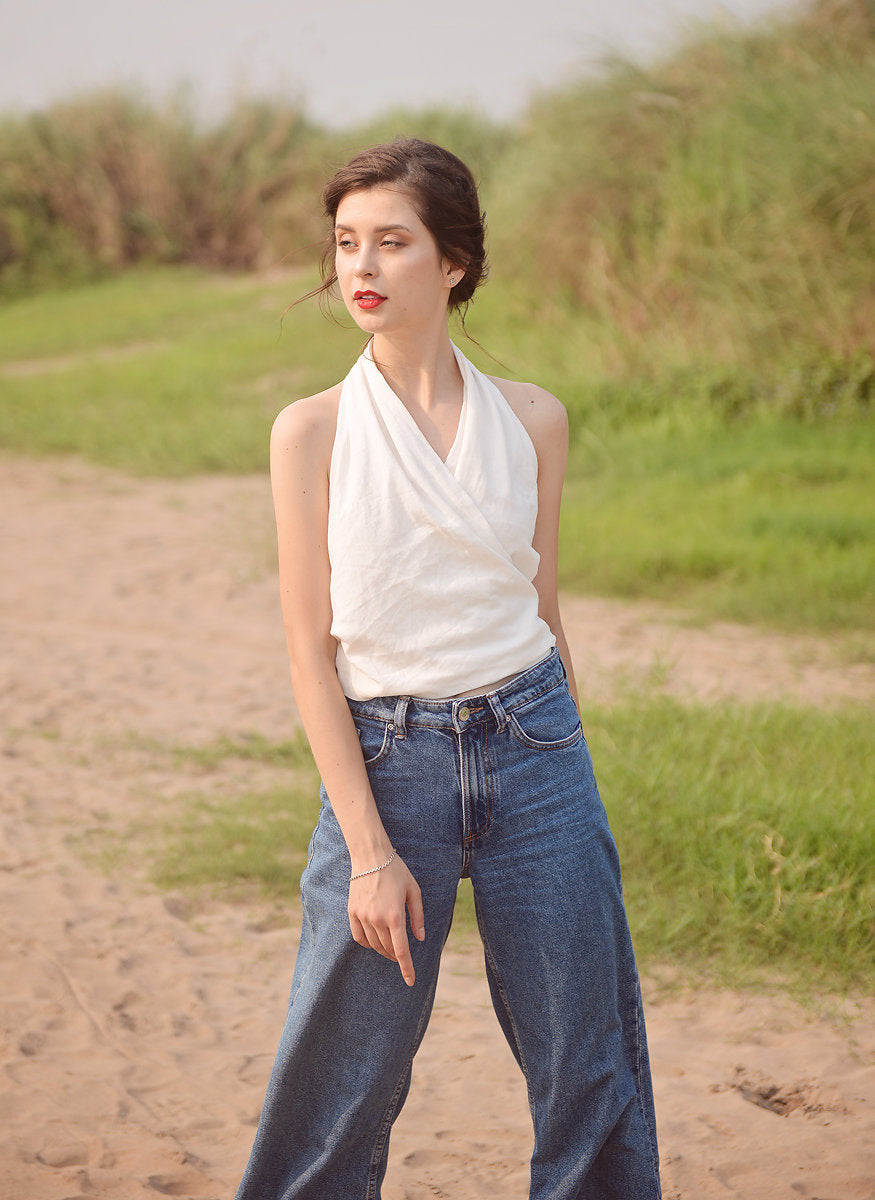 Low-back Linen Top - Cotton Wrap Top - Linen Crop Top - Natural Fabric