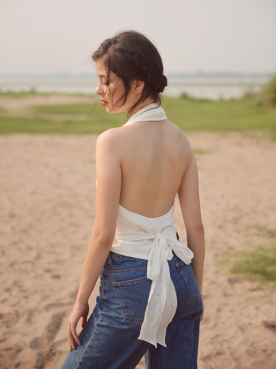 Low-back Linen Top - Cotton Wrap Top - Linen Crop Top - Natural Fabric