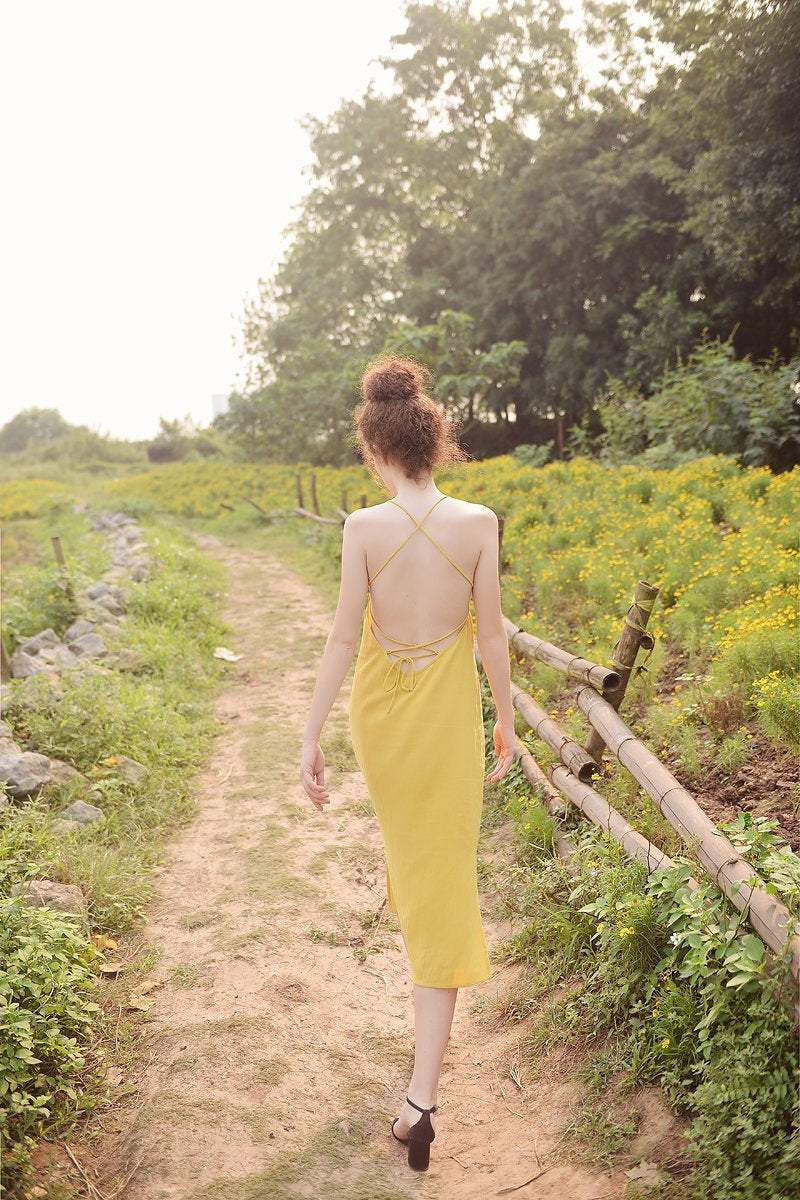 Linen Dress Sleeveless Backless - Midi Cotton Dress - Cotton Dress for Women - Crossed Back Slip - Cotton Slip Dress - Natural Fabric
