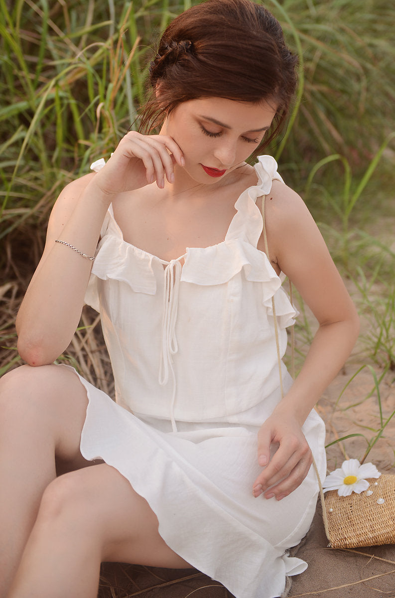 Linen White Summer Dress - Women Frills Dress - Ruffles Cotton Dress - Natural Fabric