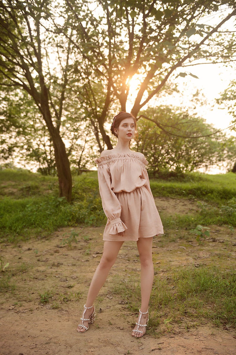 Off Shoulder Linen Jumpsuit - Organic Cotton Clothing - Women Linen Jumper